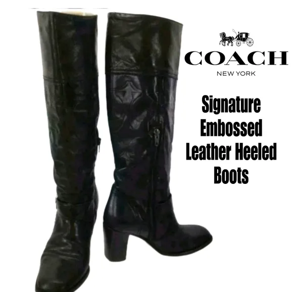 COACH Signature leather chunky heel boots 😍Rare HTF zipper