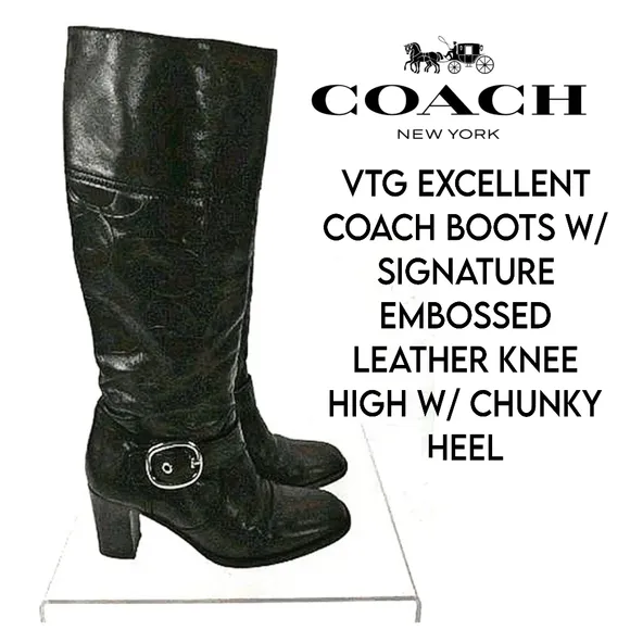 COACH Signature leather chunky heel boots 😍Rare HTF zipper