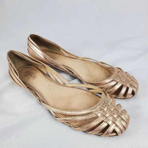 Coach Women's Lottie Rose Gold Metallic Woven Shoes Flats Slip On size 8