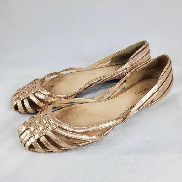 Coach Women's Lottie Rose Gold Metallic Woven Shoes Flats Slip On size 8