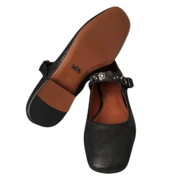COACH Mary Jane Floral Embellished Anthracite Leather Flat Shoes Womens size 6.5