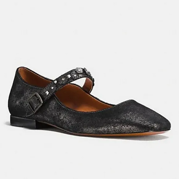 COACH Mary Jane Floral Embellished Anthracite Leather Flat Shoes Womens size 6.5