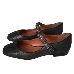 COACH Mary Jane Floral Embellished Anthracite Leather Flat Shoes Womens size 6.5
