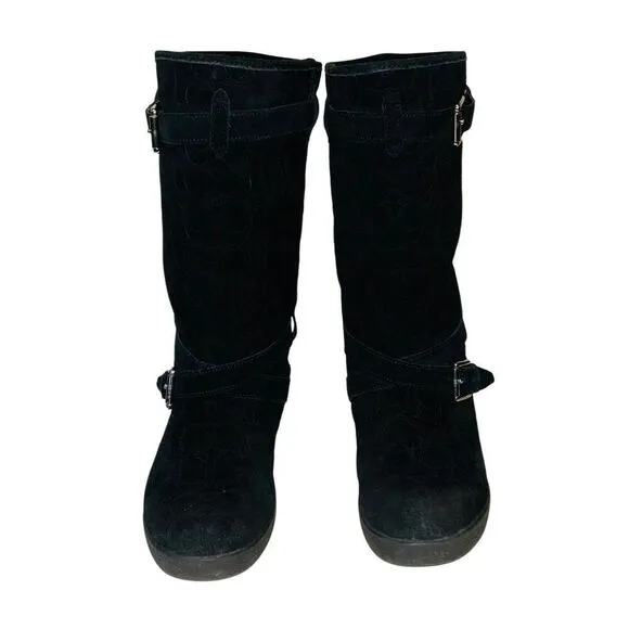 Coach Thelma Signature Monogram Embossed Black Suede Shearling Lined Boots, 8.5