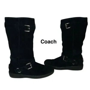 Coach Thelma Signature Monogram Embossed Black Suede Shearling Lined Boots, 8.5