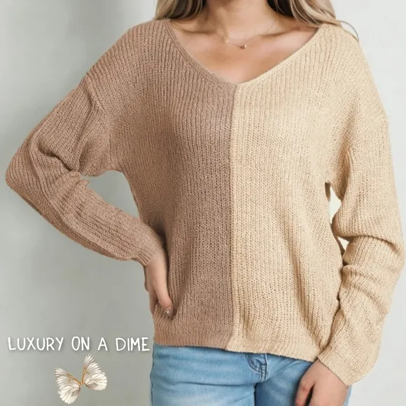 Color Block Two-Tone Contrast V-Neck Lightweight Pullover Knit Sweater Top