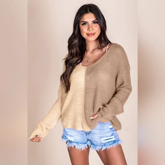 Color Block Two-Tone Contrast V-Neck Lightweight Pullover Knit Sweater Top