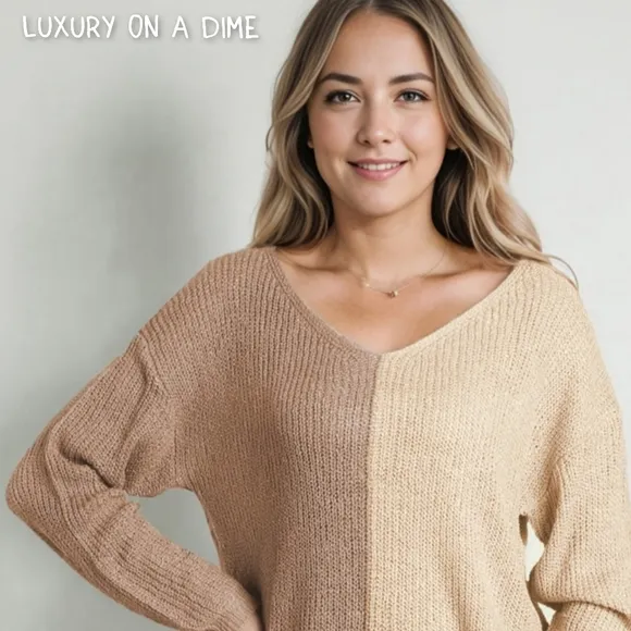 Color Block Two-Tone Contrast V-Neck Lightweight Pullover Knit Sweater Top