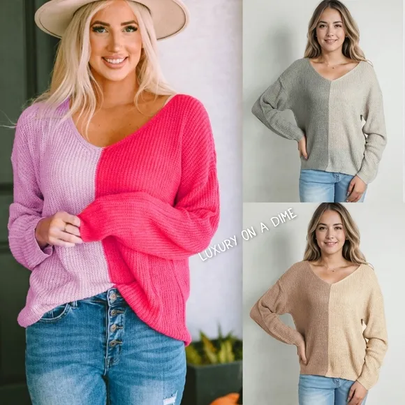 Color Block Two-Tone Contrast V-Neck Lightweight Pullover Knit Sweater Top