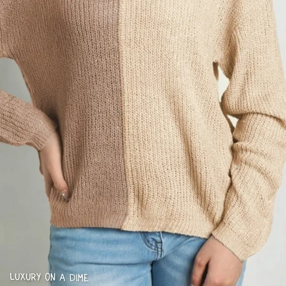 Color Block Two-Tone Contrast V-Neck Lightweight Pullover Knit Sweater Top