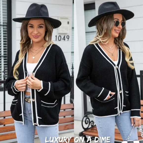 Contrasting color Waffle Knit Button Front Sweater Cardigan with Pockets