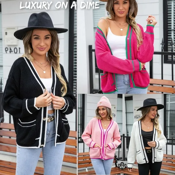 Contrasting color Waffle Knit Button Front Sweater Cardigan with Pockets