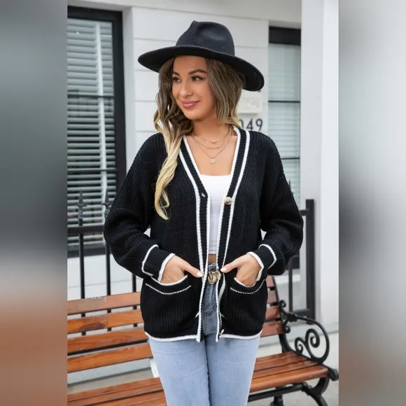 Contrasting color Waffle Knit Button Front Sweater Cardigan with Pockets