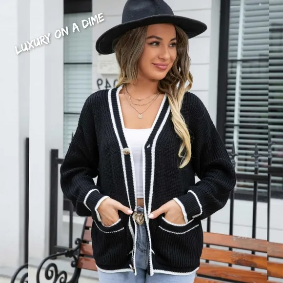 Contrasting color Waffle Knit Button Front Sweater Cardigan with Pockets