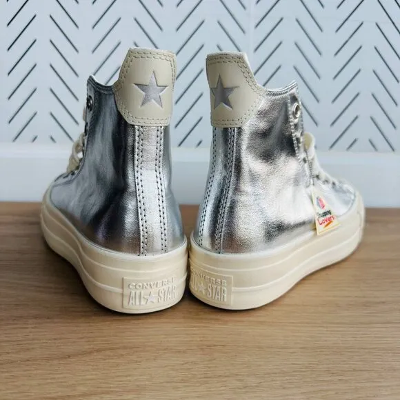 ⭐CONVERSE All Star Lift Hi Women Shoes Sz 7 Shoes Metallic Silver A09902C Glam⭐
