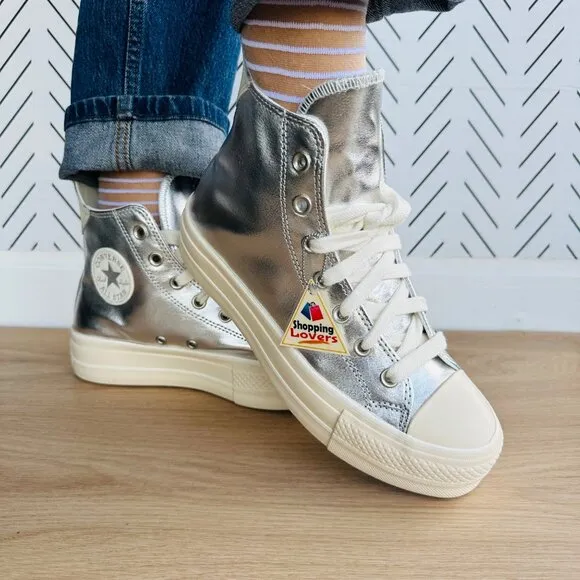 ⭐CONVERSE All Star Lift Hi Women Shoes Sz 7 Shoes Metallic Silver A09902C Glam⭐