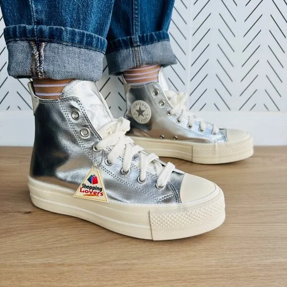 ⭐CONVERSE All Star Lift Hi Women Shoes Sz 7 Shoes Metallic Silver A09902C Glam⭐