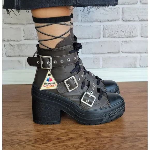 ⭐Converse Chuck 70 De Luxe Heel Leather &amp; Buckles 10.5 Women Boots Brown A12209C