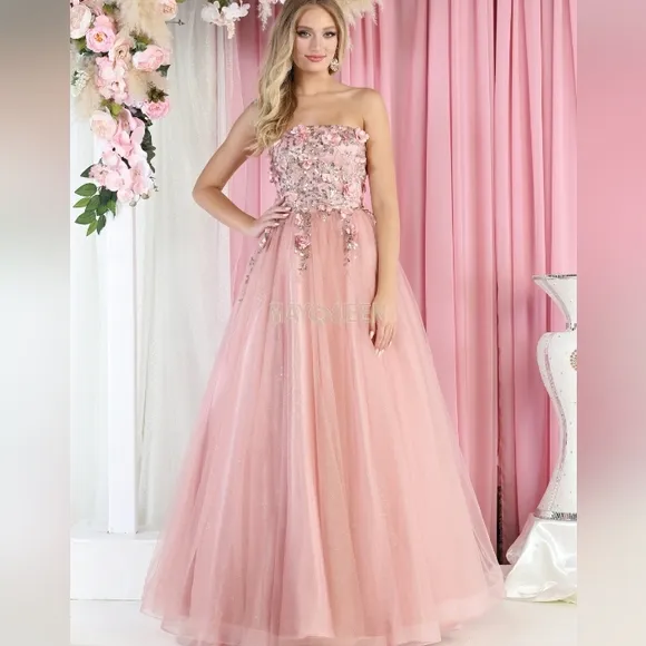 COPY - Black/gold,grey,pink,hunter strapless floral  tulle long open lace up ba…