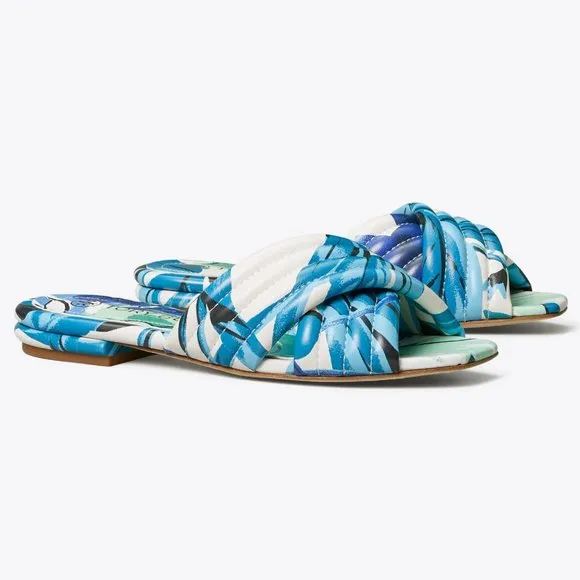 COPY - Tory Burch $278 LEATHER KIRA QUILTED FLAT SLIDE Blue Cream