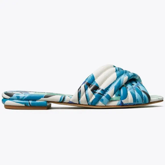 COPY - Tory Burch $278 LEATHER KIRA QUILTED FLAT SLIDE Blue Cream