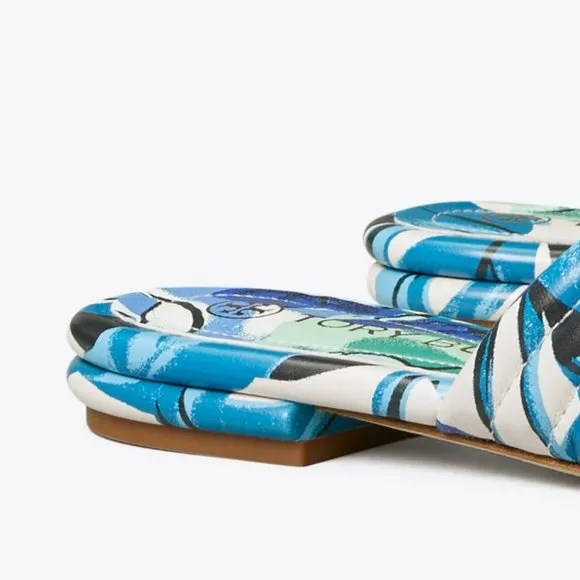 COPY - Tory Burch $278 LEATHER KIRA QUILTED FLAT SLIDE Blue Cream
