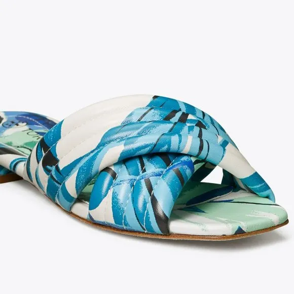 COPY - Tory Burch $278 LEATHER KIRA QUILTED FLAT SLIDE Blue Cream