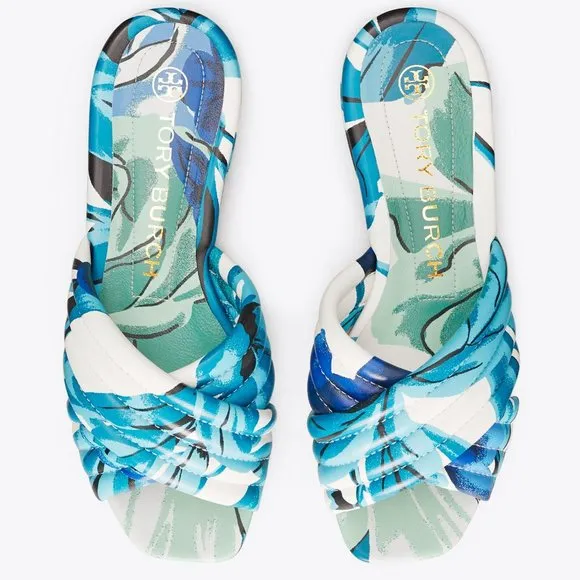 COPY - Tory Burch $278 LEATHER KIRA QUILTED FLAT SLIDE Blue Cream