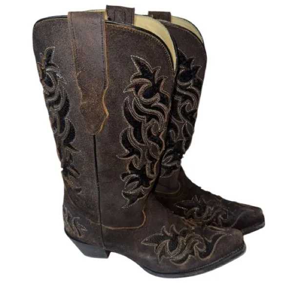 Corral Sequin Brown Leather Western Boot Sz 8