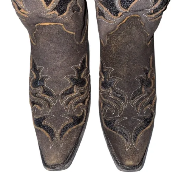 Corral Sequin Brown Leather Western Boot Sz 8