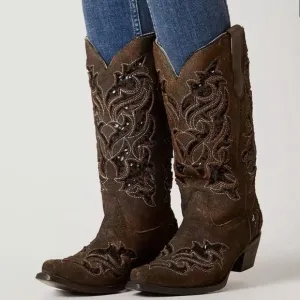 Corral Sequin Brown Leather Western Boot Sz 8