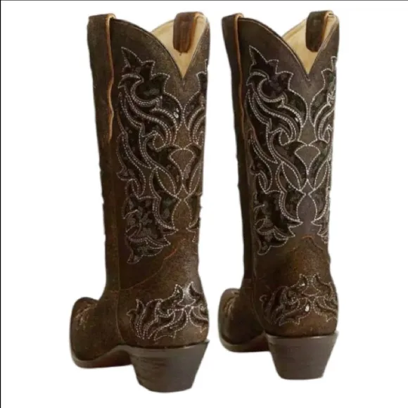 Corral Sequin Brown Leather Western Boot Sz 8