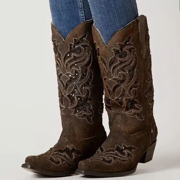 Corral Sequin Brown Leather Western Boot Sz 8