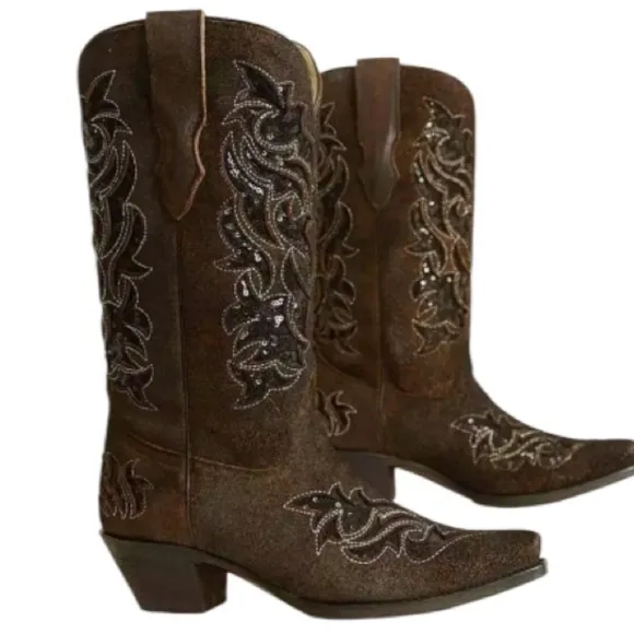 Corral Sequin Brown Leather Western Boot Sz 8