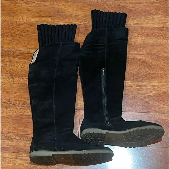 Corso Como Black Suede Leather Knee High Over Knee Zip Flat Boots