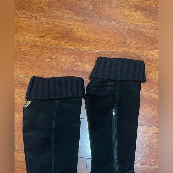 Corso Como Black Suede Leather Knee High Over Knee Zip Flat Boots