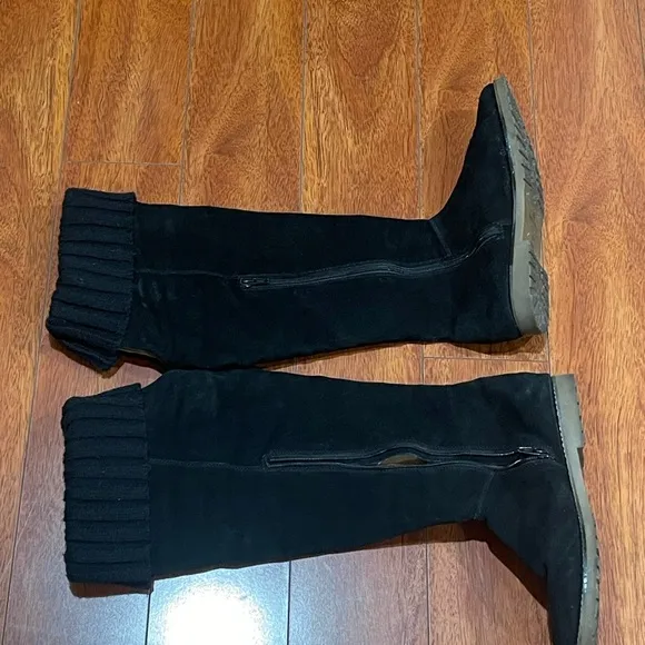 Corso Como Black Suede Leather Knee High Over Knee Zip Flat Boots