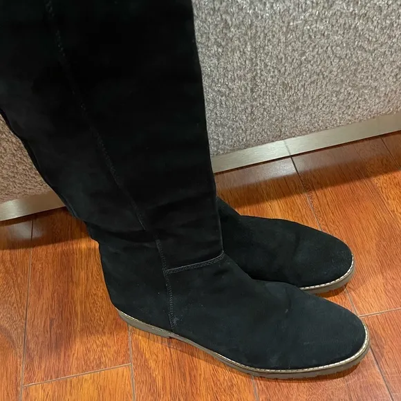 Corso Como Black Suede Leather Knee High Over Knee Zip Flat Boots