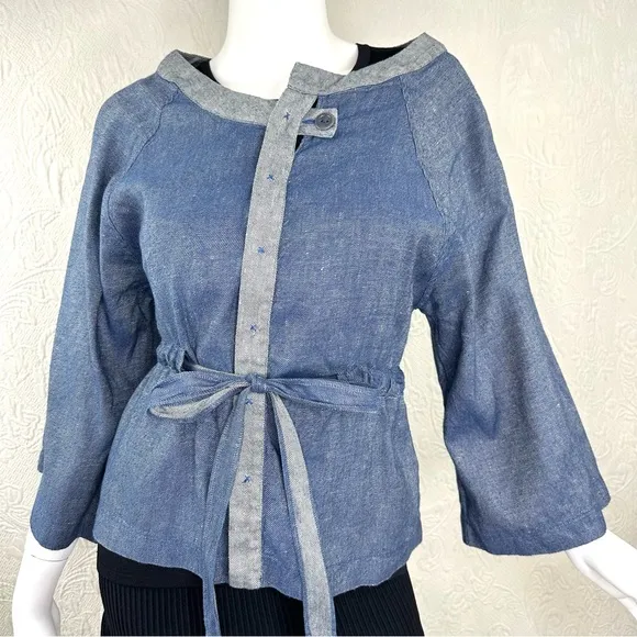 Cotelac Linen Cotton Denim-Look Lightweight Tie Waist Jacket