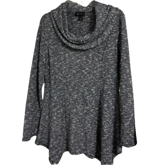 Cowl Neck Tweed Sweater Bouclé Knit Tunic Navy Blue Black Gray White Size Large