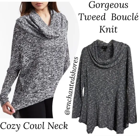 Cowl Neck Tweed Sweater Bouclé Knit Tunic Navy Blue Black Gray White Size Large