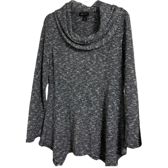 Cowl Neck Tweed Sweater Bouclé Knit Tunic Navy Blue Black Gray White Size Large