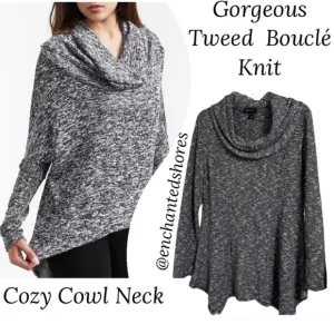Cowl Neck Tweed Sweater Bouclé Knit Tunic Navy Blue Black Gray White Size Large