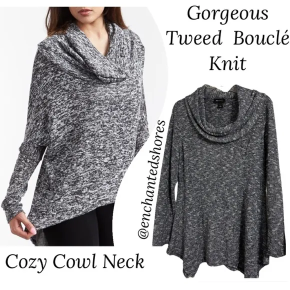 Cowl Neck Tweed Sweater Bouclé Knit Tunic Navy Blue Black Gray White Size Large