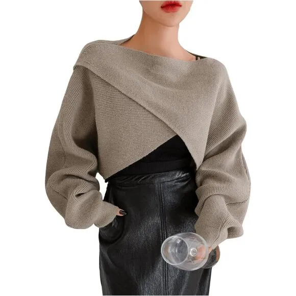 COZYEASE Women's Criss Cross Boat Neck Mocha Brown Long Sleeve Crop Sweater