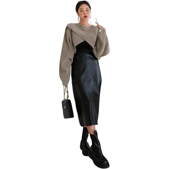 COZYEASE Women's Criss Cross Boat Neck Mocha Brown Long Sleeve Crop Sweater