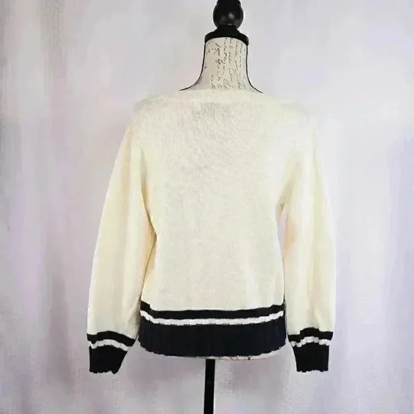 Crazy Horse/Liz Claiborne Size L 3/4 sleeve cropped blue white sailboat sweater