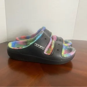 Crocs Classic Cozy Spray Dye Sandal Women's 12 / Men's 10 Fuzzy Rainbow Shoes