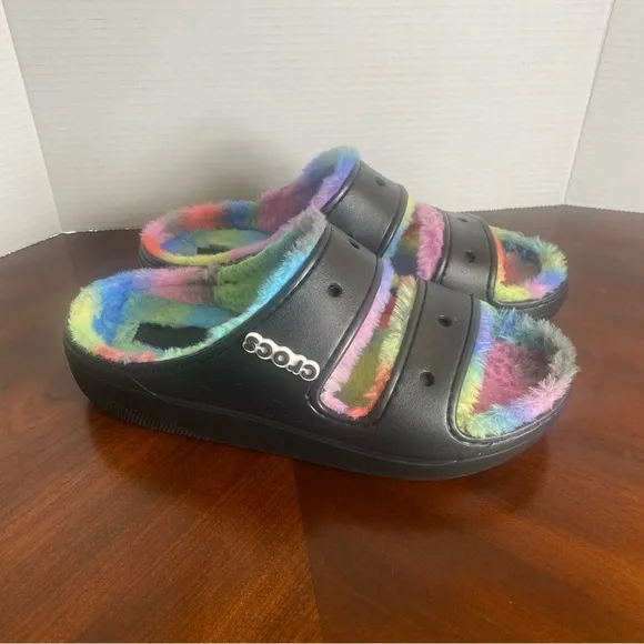 Crocs Classic Cozy Spray Dye Sandal Women's 12 / Men's 10 Fuzzy Rainbow Shoes