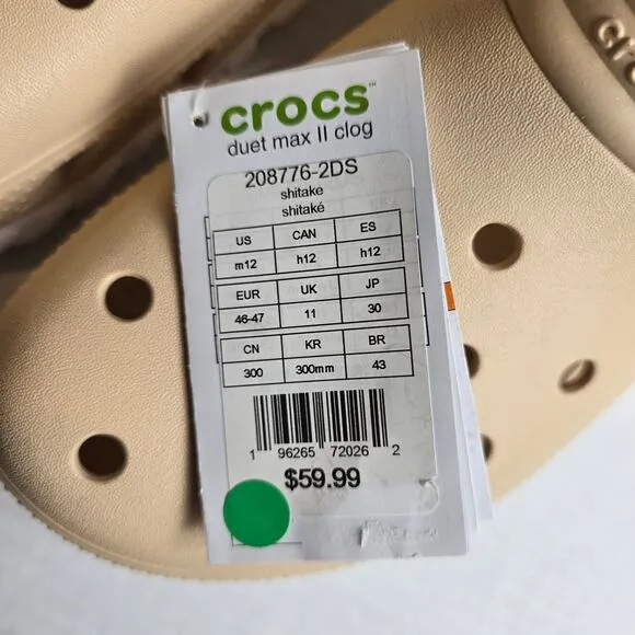 Crocs Duet Max II Clogs Size Men's 12 Shitake Water Shoes Adjustable Straps